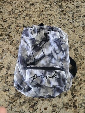 PINK Victoria's Secret Gray and White Tie-Dye Drawstring Backpack Or Fanny Pack